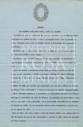 Decreto de passagem da jurisdição eclesiástica da Ilha da Culatra para a Paróquia de Olhão, 1983